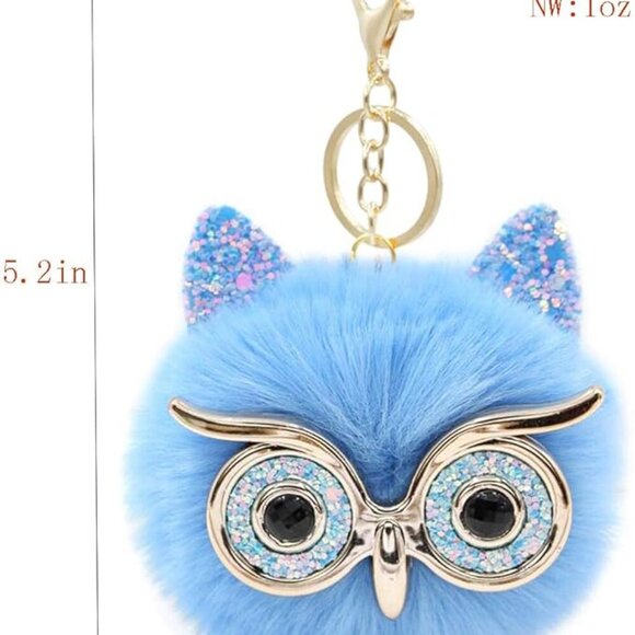 ๐ HOST PICK ๐ Powder Blue Pom Puff Bespectacled Owl Bag Charm Key Chain - Picture 3 of 6